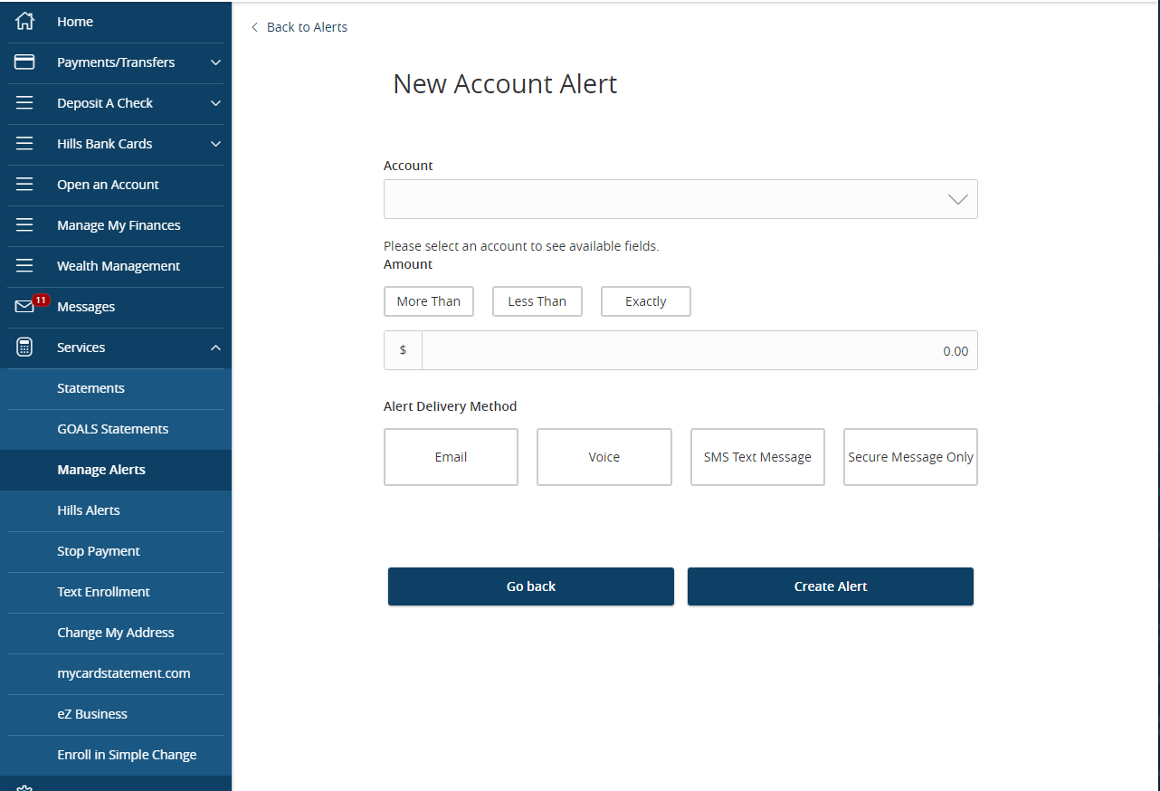 Image showing custom account alerts in Hills Bank Online